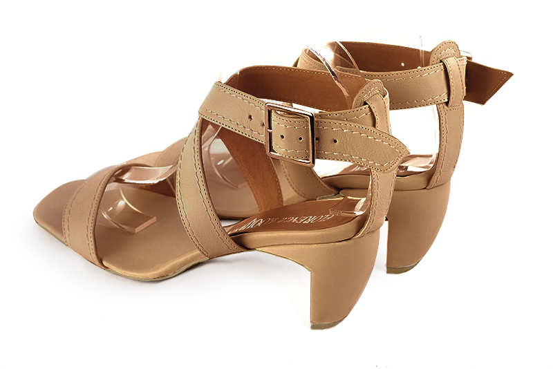 Camel beige women's fully open sandals, with crossed straps. Square toe. Medium comma heels. Rear view - Florence KOOIJMAN